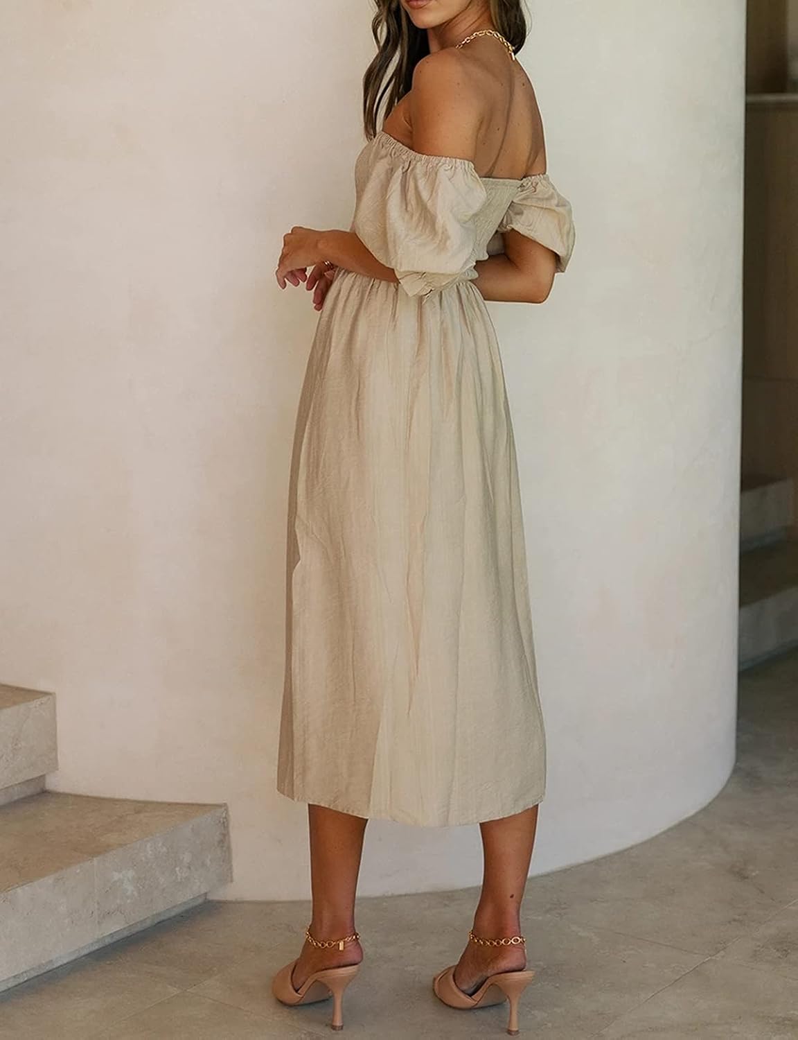 R.Vivimos Summer Dress for Women Cotton Plaid Puff Sleeves Casual Off-Shoulder Boho Side Slit Midi Dress - Image 4