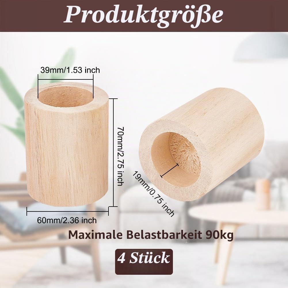 OLYCRAFT 4 Stück Zylinder Holz Betterhöhungen 38.5mm Innendurchmesser Holzmöbel Erhöhungen 56.5x69mm Holz Erhöhte Feste Füße Holzzylinder Verlängerungserhöhungen Für DIY Malerei Sofa Couch