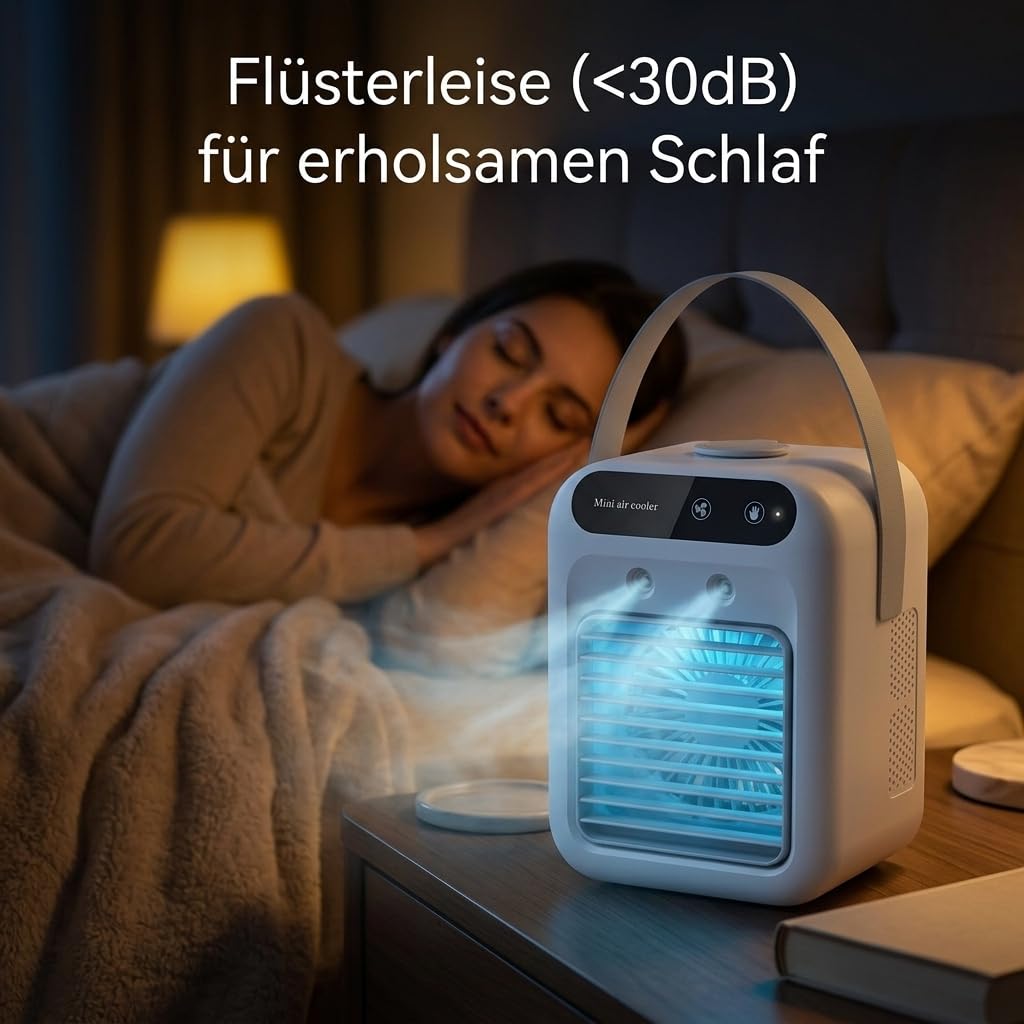 USB Mini Luftkühler mit 500ml Wassertank – Tragbarer Air Cooler mit 10h Kühlung – Leiser Tischventilator mit Befeuchtung – 2 Geschwindigkeiten – Für Zuhause, Büro & Reisen