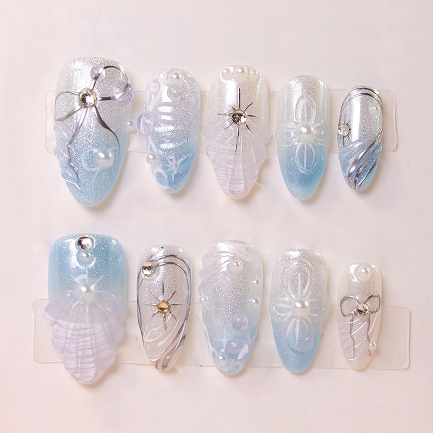 Handmade Summer Press on Nails - Blue Glitter French Tip
