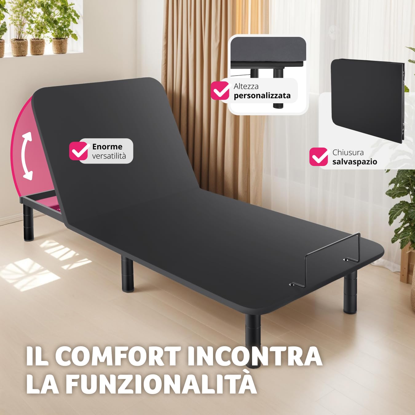 tectake® Letto Regolabile Elettricamente, Letto Regolabile, Elettrico, Due Motori Potenti, Regolazione Continua, Telecomando, Telaio In Acciaio - Antracite/Nero