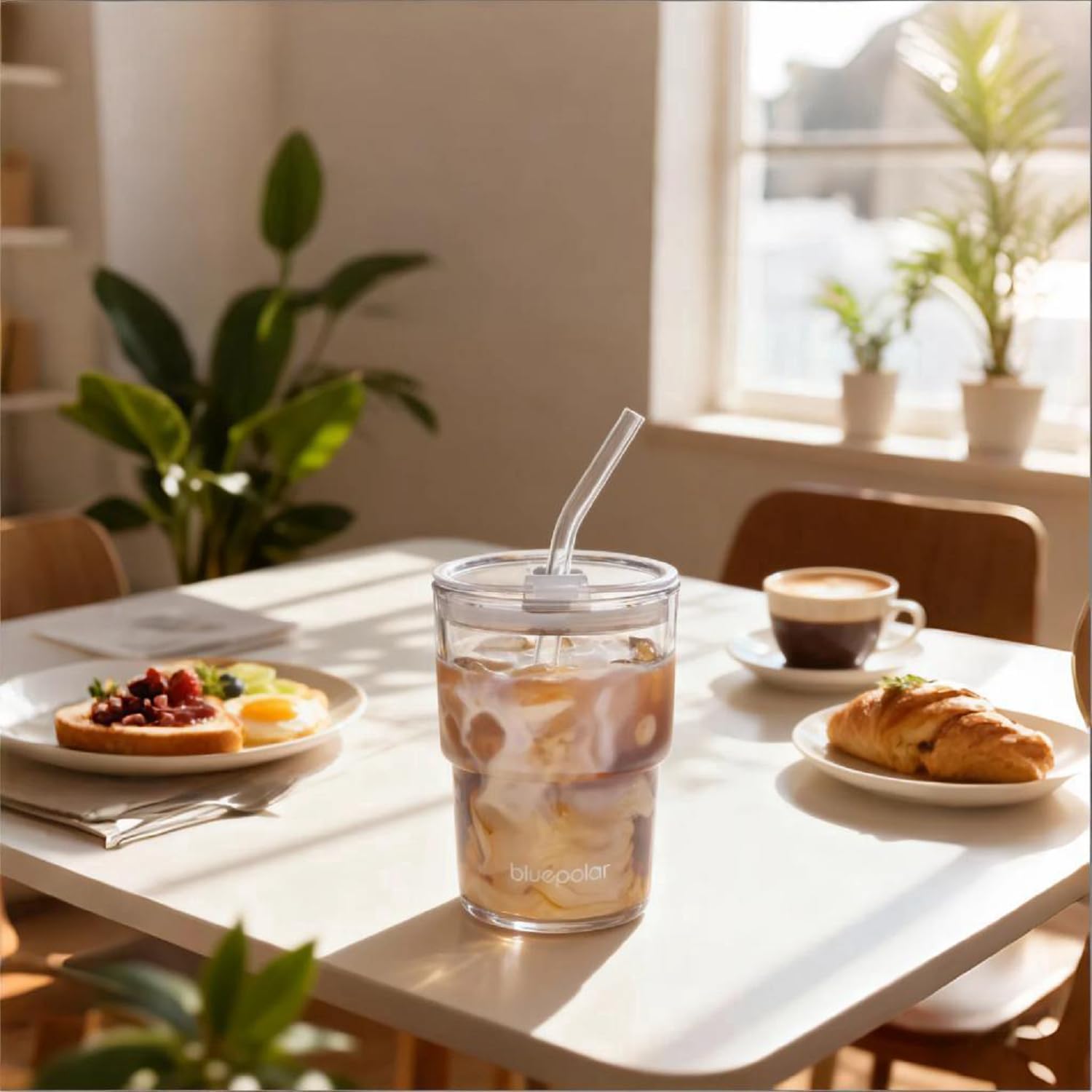 13oz/400ml Glass Water Tumbler with Straw and Lid Sealed Carry On Thick Wall Iced Coffee Cup Glass Cup for Water, Iced Tea Fruit Juice Etc(Aurora White