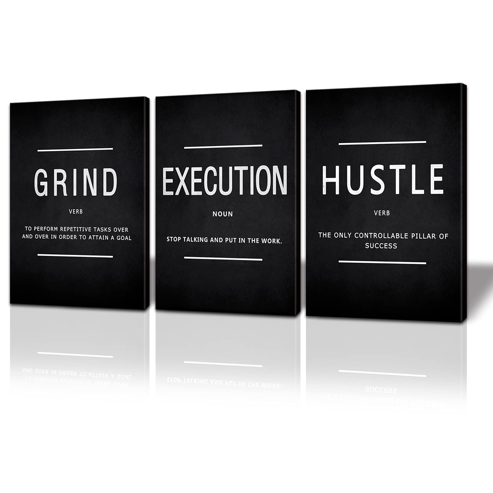 BWSPACE Grind Hustle Execution Wall Art Motivational Wall Decor Office Wall Decor Pictures Posters 3 Pieces Framed Canvas Wall Prints Artwork Home Gym Ready to Hang