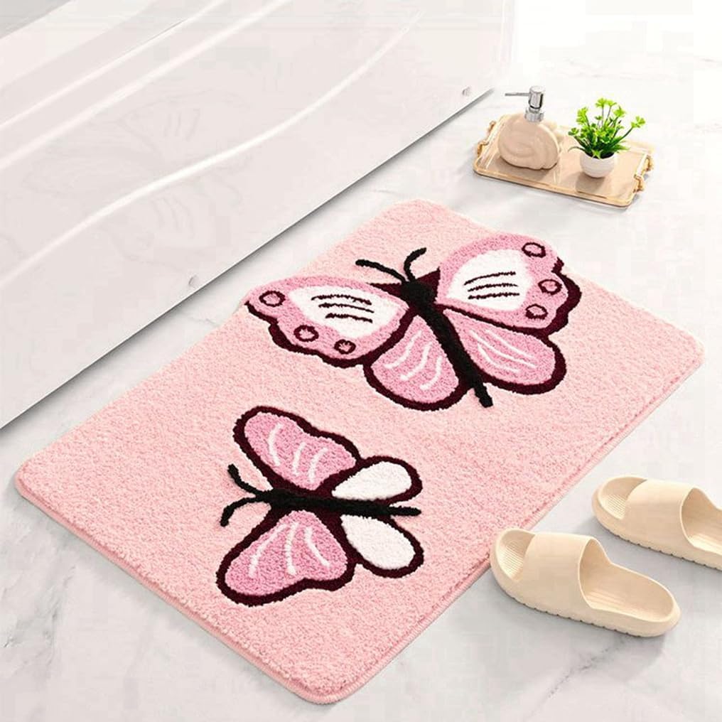 Cute Butterfly Bathroom Rugs Girls Funny Bath Mat Non Slip Washable Shaggy Bedroom Runner Rug Floor Bathmats Door Mats Absorbent Soft Microfiber Carpet for Shower, Bathtub (24" X 36", Blue)