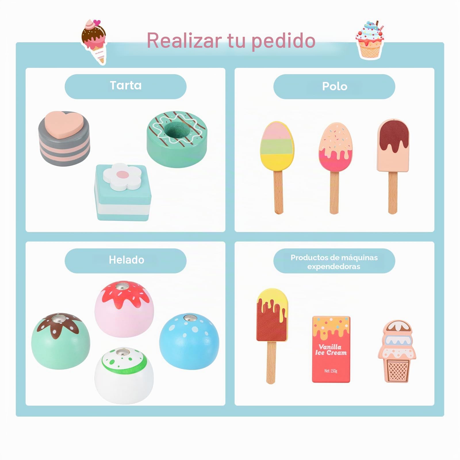 HOMASIS Carrito de Helados de Madera con 15 Accesorios, Juego de simulación con máquina expendedora, Expositor, Pantalla, Heladería con Ruedas y toldo para niños de 3+ años, 75,5x31x88cm (Verde)