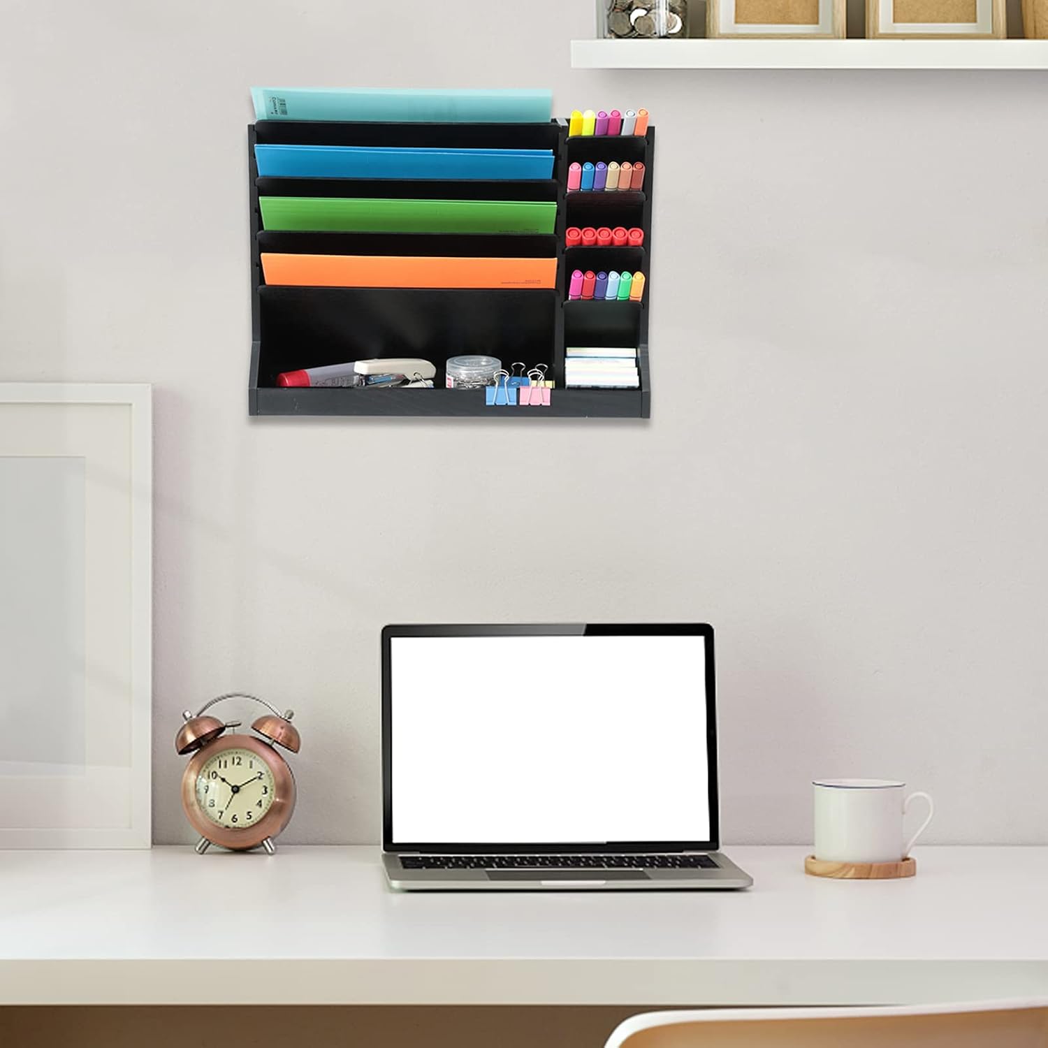 Wooden Wall Mounted File Holder 4-Tier Vertical Hanging /desktop Organizer with Pencil storage and Bottom Flat Tray by X-cosrack for Office Home countertop Black : Office Products