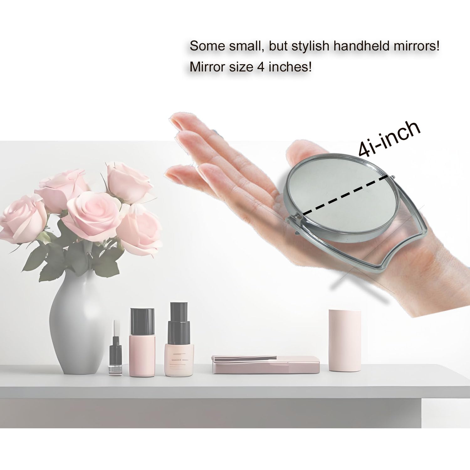 Espejo redondo portátil de dos caras de 4 pulgadas/6 pulgadas con mango para maquillaje/viaje/escritorio con aumento de 1X y 3X (plata, 4 pulgadas) 4