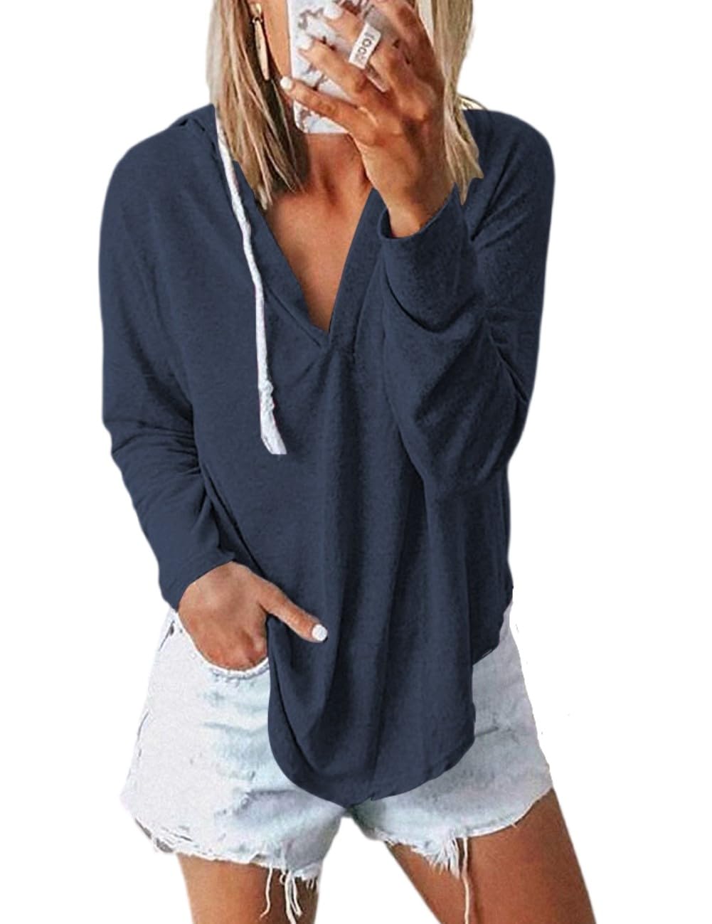 NEKOSI Womens Long Sleeve V Neck Hoodie Sweatshirts Lightweight Pullover Tops