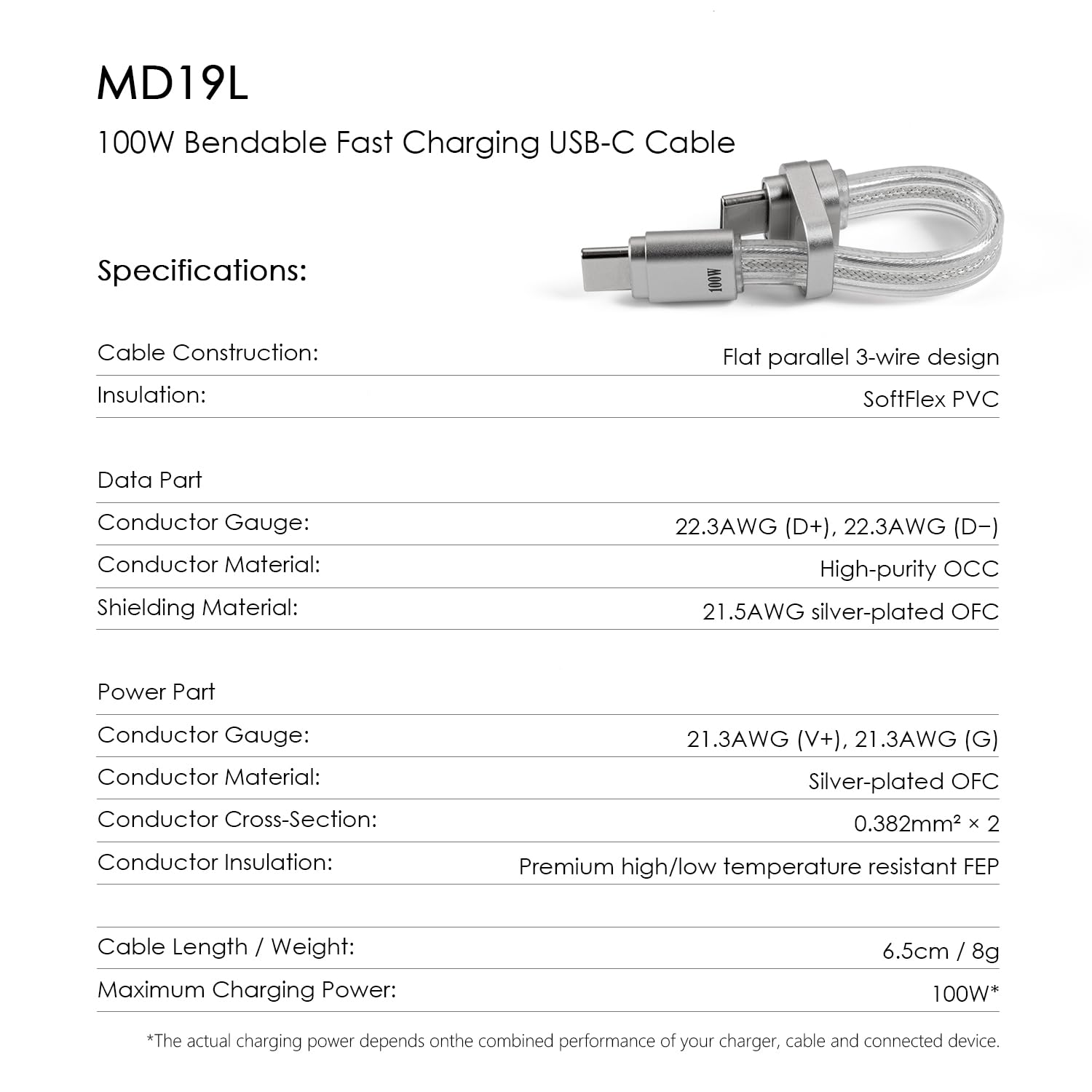 ddHiFi ddHiFi MD19L - Cavo USB da 100 W, pieghevole, ricarica rapida, cavo USB-C con alloggiamento in lega di alluminio, 6,5 cm