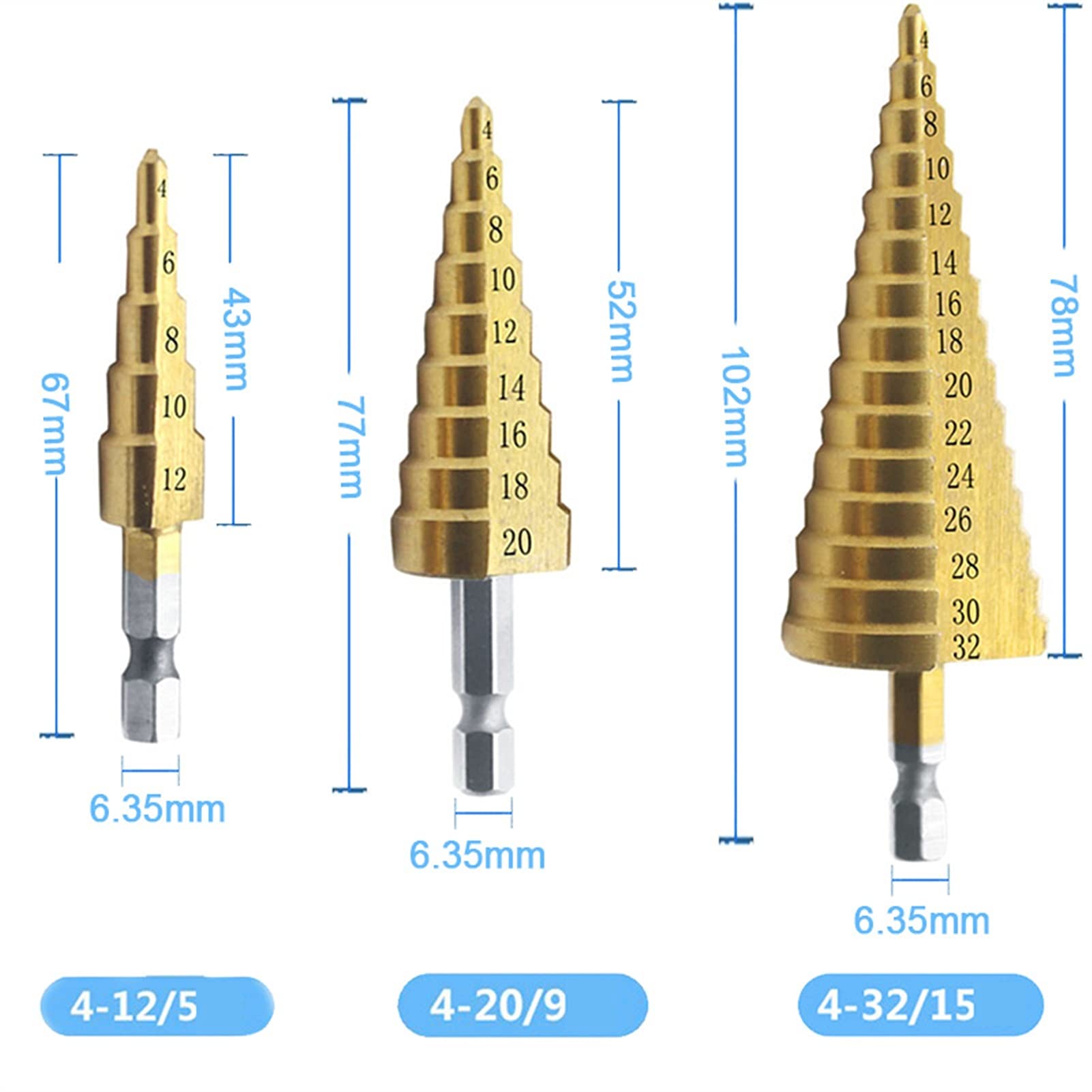 Set di punte per trapano industriali, facili da installare e da usare, 4-12/20/32 mm, 3 pezzi, punte per trapano a gradini in titanio HSS e acciaio
