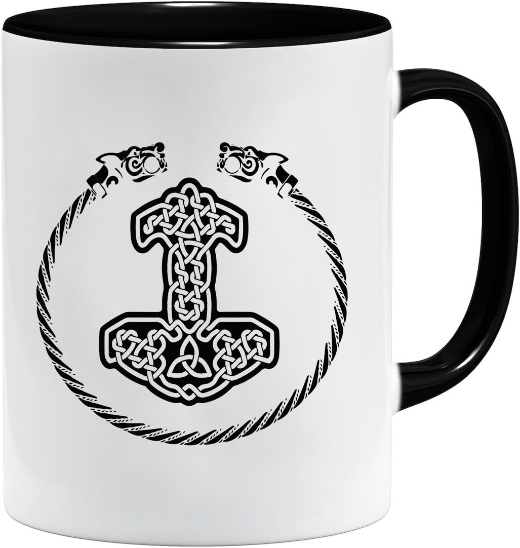 Nordic Viking Mug Gift Idea for Old Men Dad Grandpa Coffee Mug Viking Motif Skull Beer Mug Thors Hammer (VIKING034)