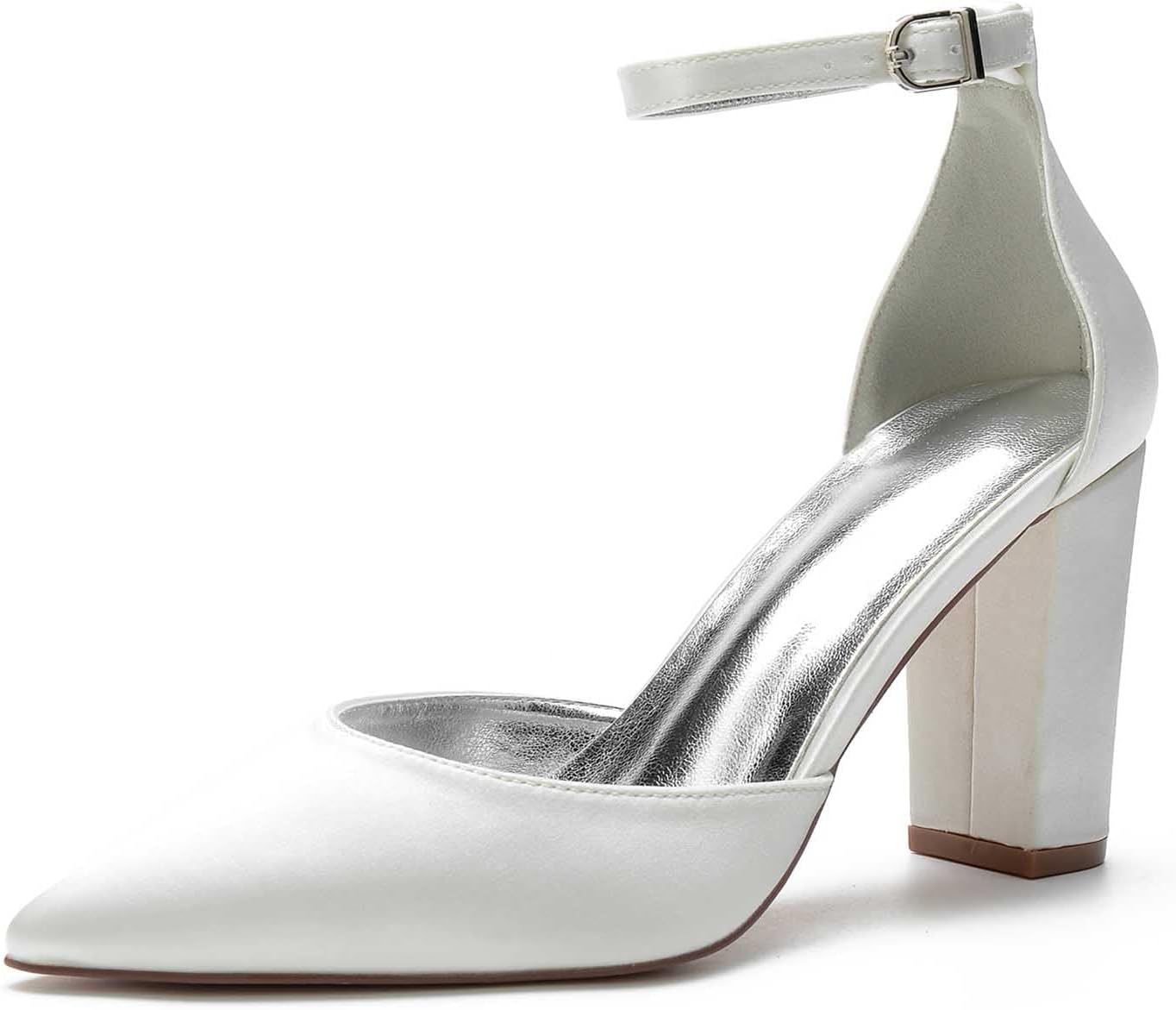 TNXZ Women's Block Heel Pumps Closed Toe Pointed Toe Ankle Tie Pumps Satin Wedding Dress Work Pumps