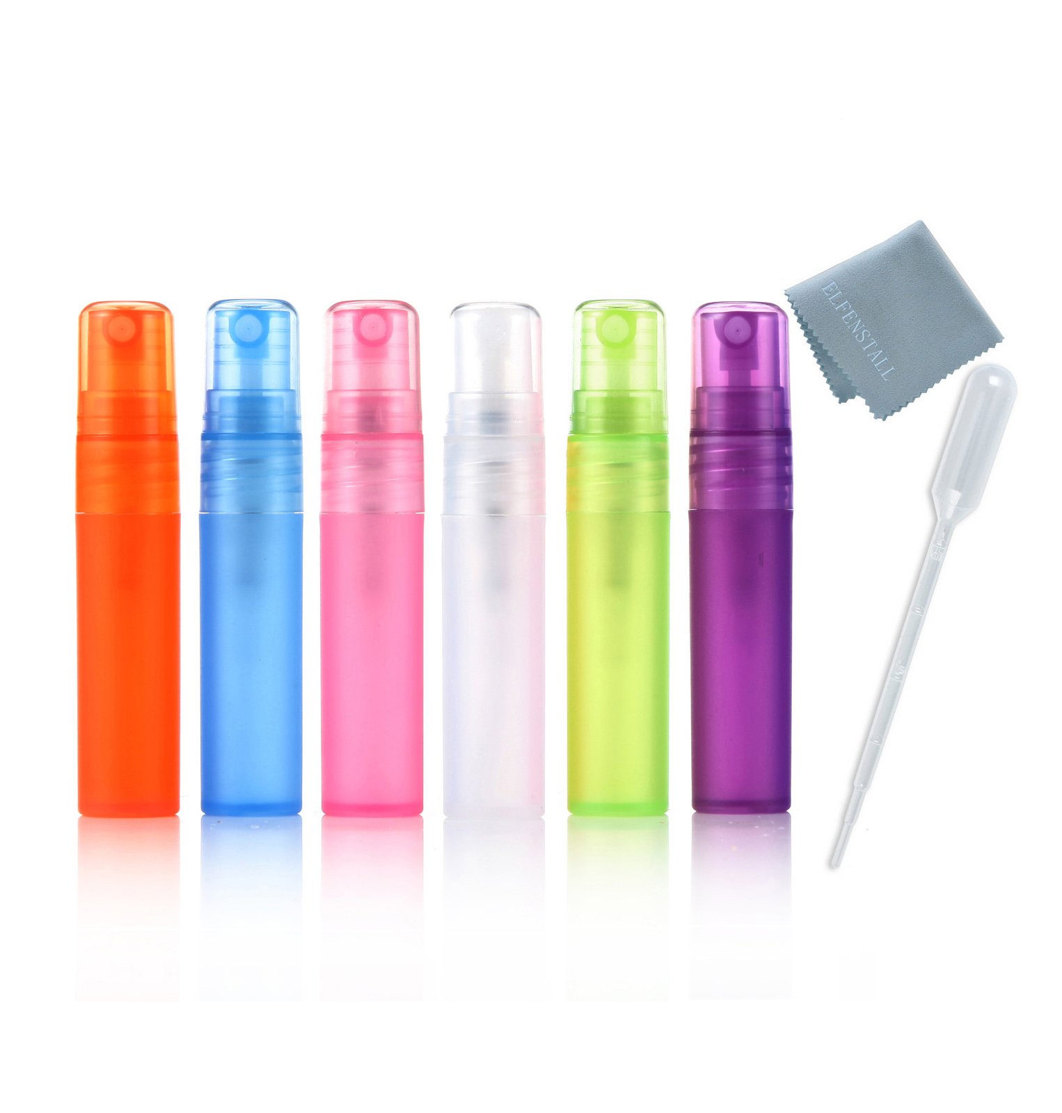 Elfenstal – 6 Stück 12 Stück 24 Stück 5 ml 0,6 oz Zerstäuber leere Matte Kunststoff Flasche Spray nachfüllbar Parfüm Duft Probe Flasche Reinigungstuch für Reise Party Make-up Werkzeug gratis 3 ml Pipette 5ML farblos