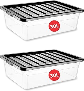 RelianceUK 2 X 30L Under bed Storage Boxes with Lids | Multipurpose Clear Plastic Storage Box With Black Lid for Home Office Kitchen Stackable Storage Boxes (30 Litre(Underbed) / 2 Pack)