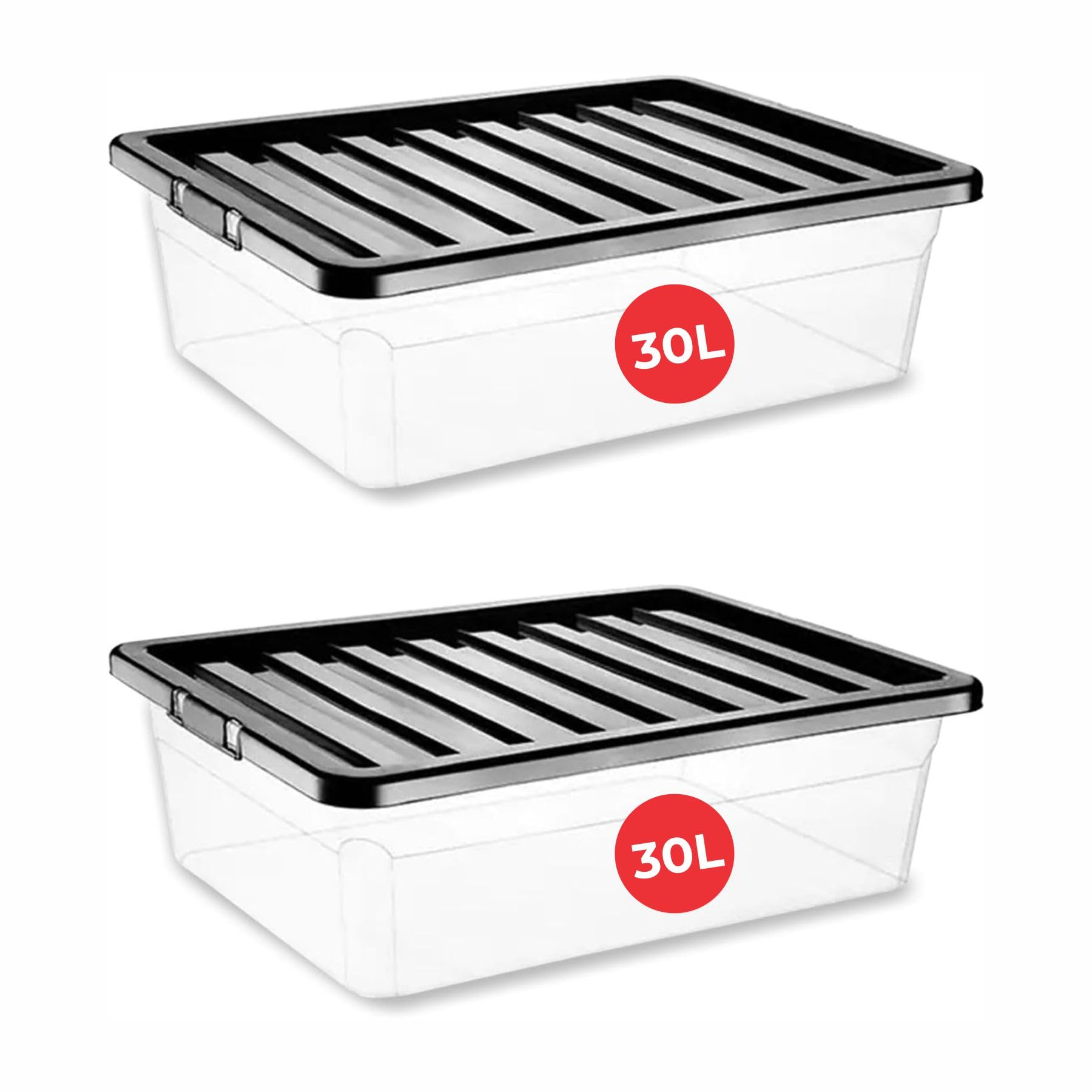 Relianceuk Clear 2 X 30L Under Bed Storage Boxes With Lids | Multipurpose Plastic Storage Box With Black Lid For Home Office Kitchen Stackable Storage Boxes (30 Litre(Underbed) / 2 Pack)