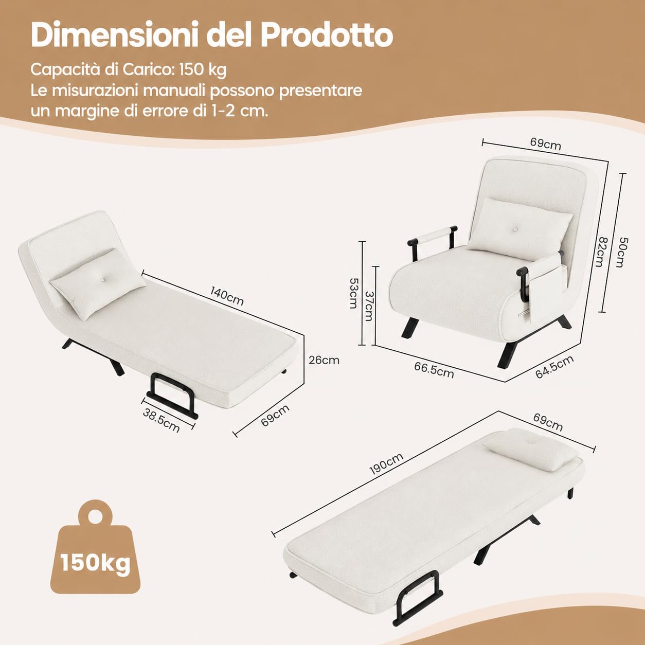 YOUDENOVA Poltrona Letto, Divano con Funzione Letto, Divano Letto con Schienale Regolabile, Divano con Tasche Appendibili, Divano Pieghevole, Letto per Ospiti, Chenille, 190 x 69 cm, Beige