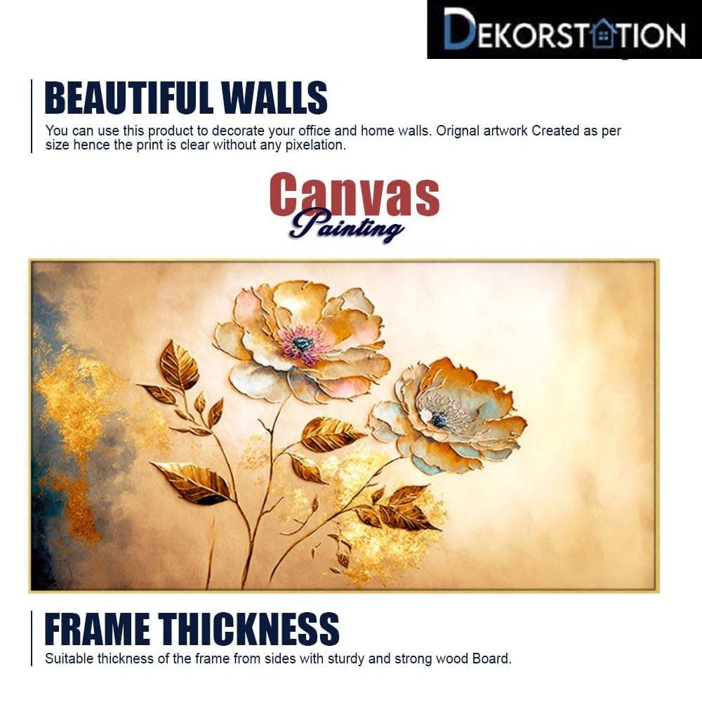 DEKORSTATION Canvas with Acrylic Floral Painting for Living Room Wall Decoration Golden Flower Abstract Floating Frame Wall Paintings for Home and Office Decor Size : 12x24 Inches 3