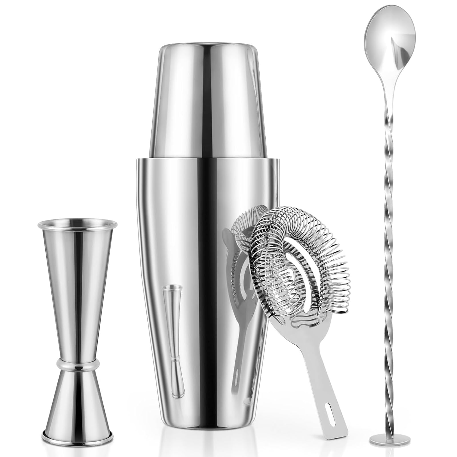 X Home Cocktail Shaker Set, Professional 4-Piece Bartender Kit with Boston Shaker, Hawthorne Strainer, Double Measuring Cocktail Jigger, and 10-inch Mixing Spoon, Bartender's Choice