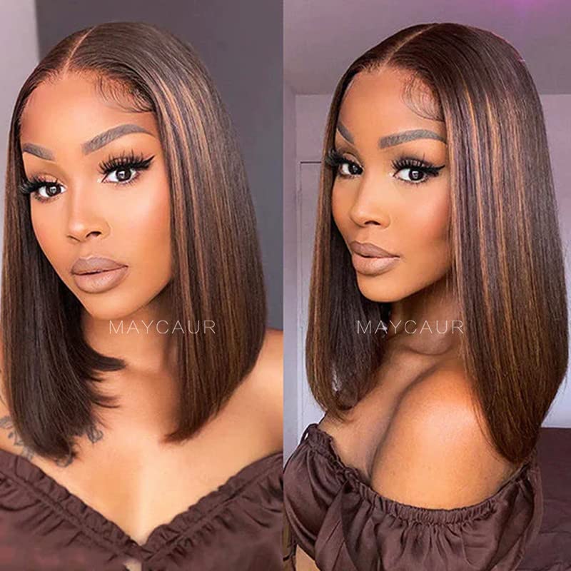 Maycaur Full Lace Human Hair Wigs Straight Brown Blonde Mixed Color Bob Brazilian Virgin Hair Lace Front Wigs for Fashion Women Glueless Wig 150 Density(12 inch lace front)