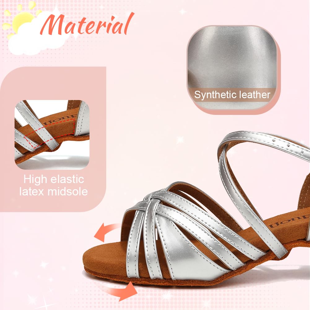 Uonpie Girls Latin Salsa Ballroom Dance Shoes Low Heel Performance Practice Dancing Shoes for Kids,Silver,5M