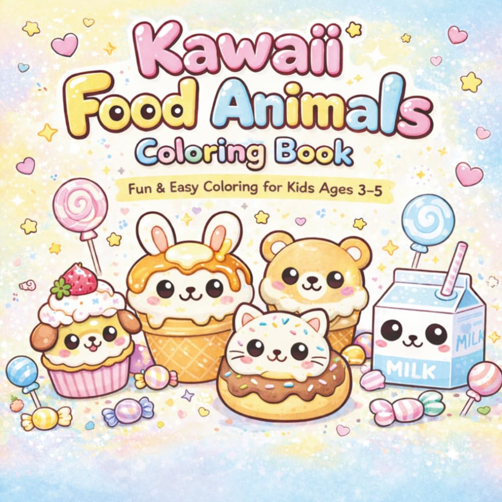 Kawaii Food Animals Coloring Book for Kids Ages 3–5: Fun & Easy Coloring for Toddlers with Cute Food Animal Characters