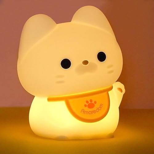 Amaredom Waving Kitten Night Light, Cute Cat Lamp, Silicone Dimmable Nursery Nightlight, Rechargeable LED Bedside Lamp with 20 Minutes Timer & Tap Control Baby Girls Women Bedrooms, Living Room - Lucky Cat