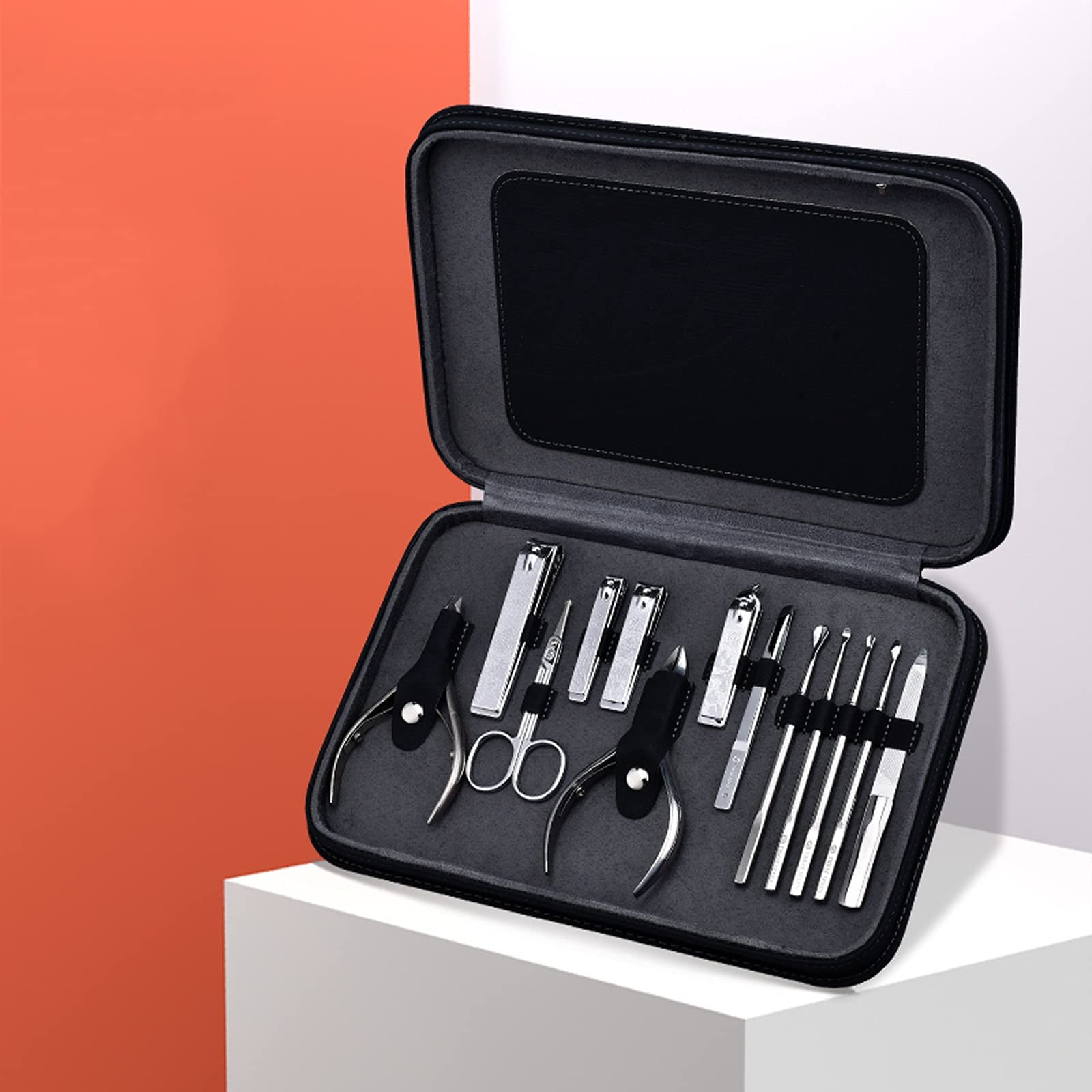 Zestaw do manicure, obcinacz do paznokci, zestaw do manicure, 13 sztuk, stal nierdzewna, profesjonalny zestaw do pielęgnacji dla dorosłych, z czarnym skórzanym etui podróżnym, najlepszy