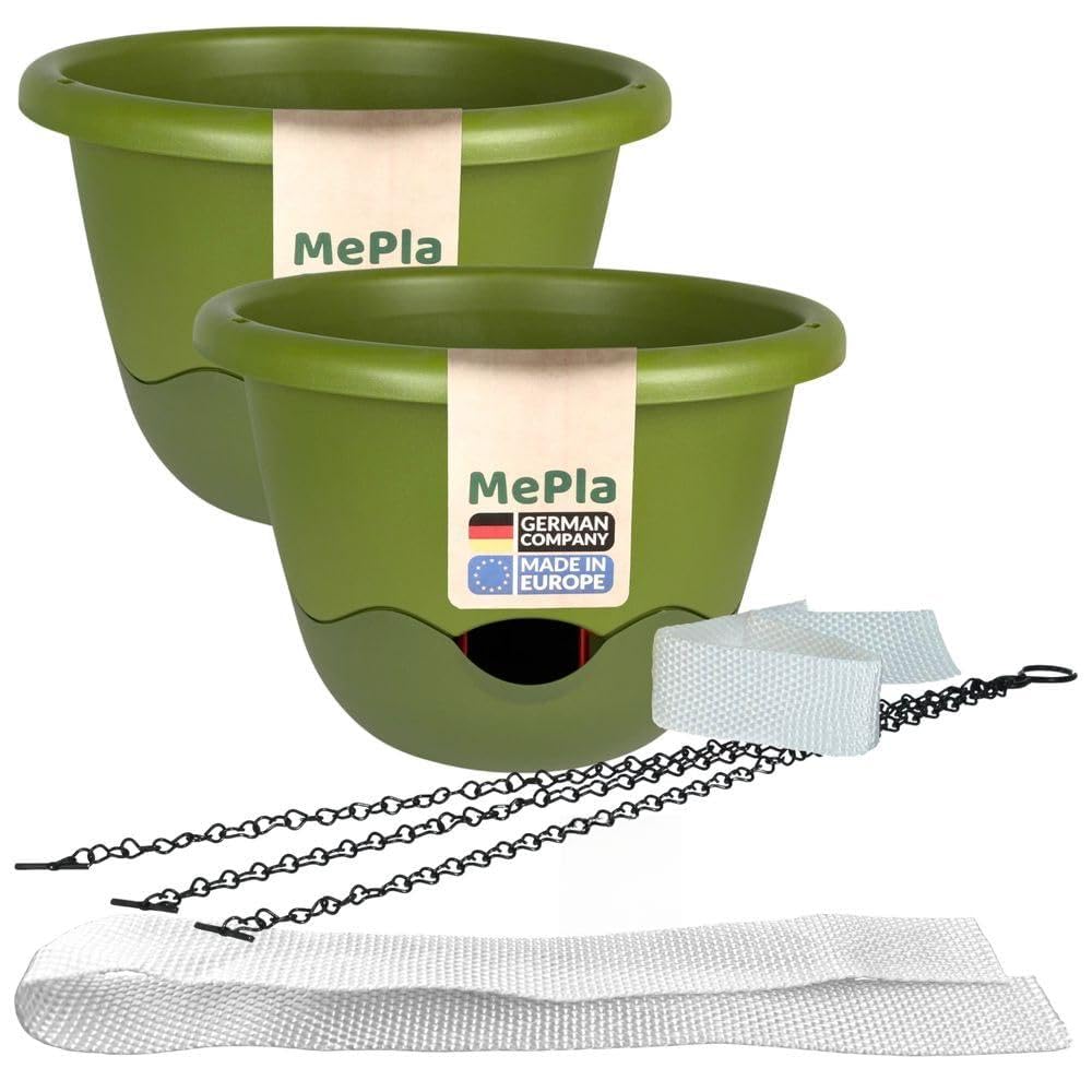 MePla - Lot de 2 pots de fleurs Mareta Ø 30 cm vert clair/vert foncé + 1 bande d'irrigation de rechange de 62 cm - Jardinière suspendue auto-arrosante avec réservoir d'eau - Résistant aux UV et aux