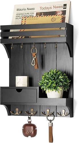 Rebee Vision Moderno soporte de pared para llaves con organizador de mini cajones, organizador de correo decorativo con 9 ganchos para llaves y