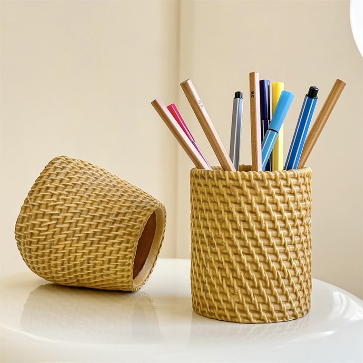 Stifteköcher Stifte Halter Rattan-Stifthalter, Weiden-Stiftbecher-Behälter, Gewebter Schreibtisch-Organizer For Zuhause Schreibtisch-Organizer(Square)