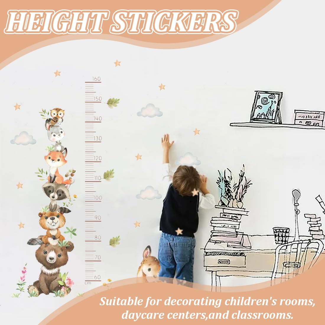 GXGM Toise Murale Enfant,60-160 cm Animaux de la Forêt Tableau de Hauteur,Stickers Muraux Enfants,Toise Enfant,Autocollant Mural Autocollant Animaux de la Forêt,Autocollant Mural Toise pour Enfants