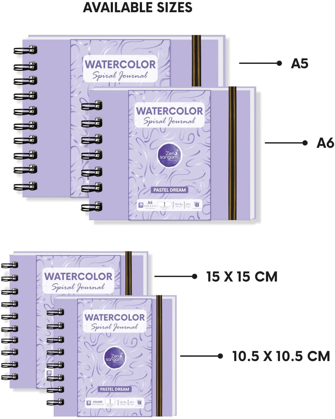 Zen SANGAM A6 Spiral Watercolor Journal | 245 GSM 20% Cotton Cold Pressed | 25 Sheets (50 Pages) | Durable Portrait Sketchbook for Artists & Professionals | Acid-Free | 10.5x14.8cm | Pastel Purple