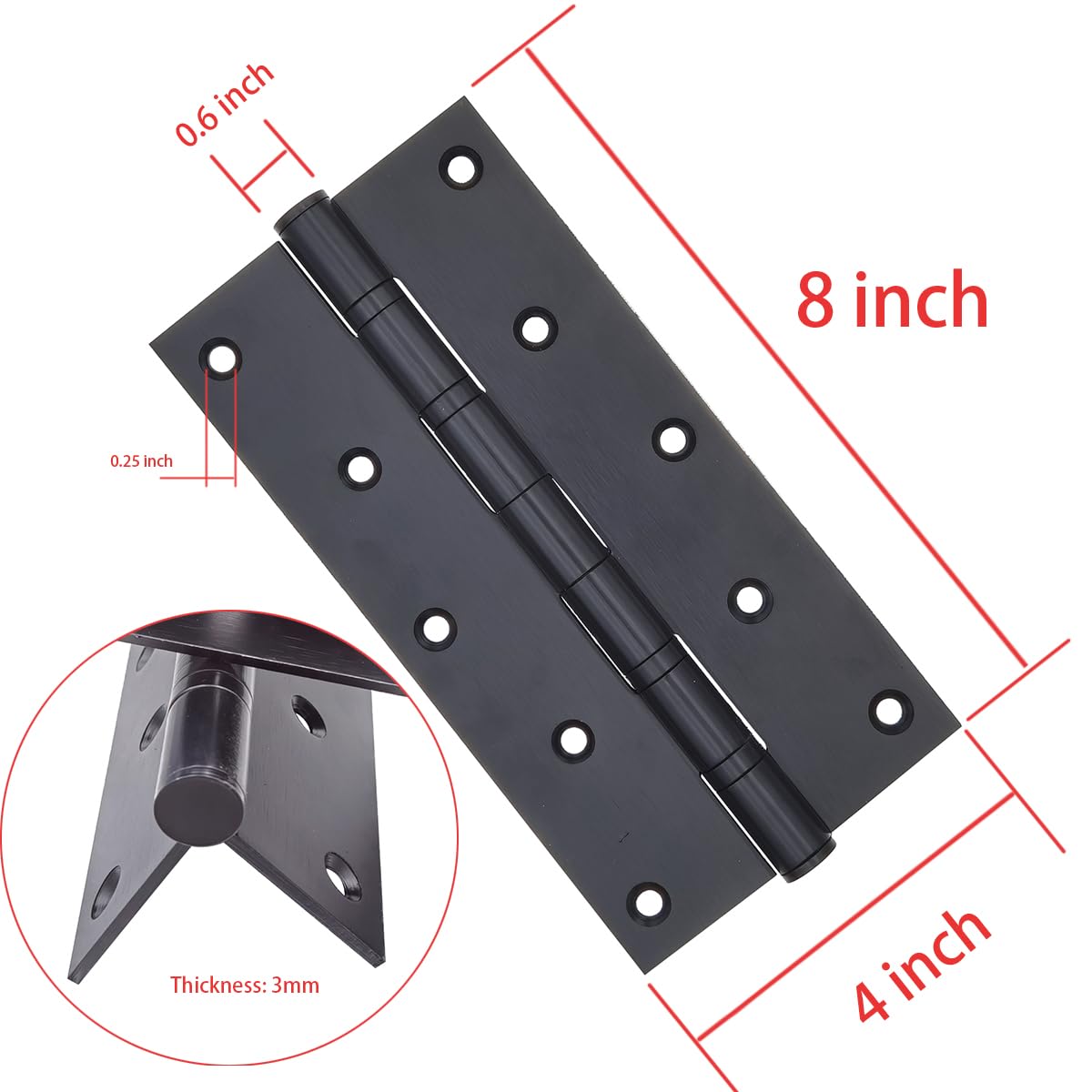 2 bisagras de puerta de acero inoxidable de 8 pulgadas con esquina cuadrada para puerta de madera resistente, 1/8 pulgadas de grosor, negro mate (negro)