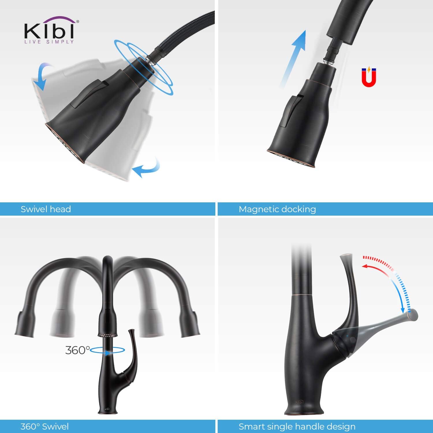 KIBI Cedar Single Handle Pull Down Faucet for Kitchen Sink | Solid Brass High Arc Spout | 360 Degree Swivel Faucet with Pull Down Sprayer (Oil Rubbed Bronze) (KKF2010) (Soap Dispenser Included)