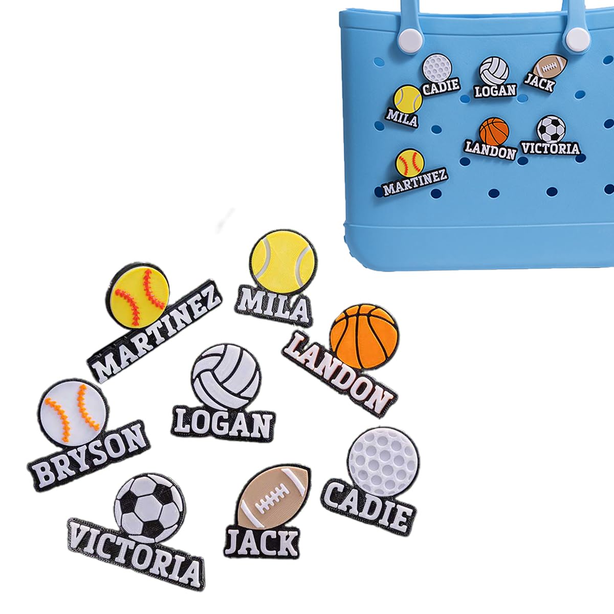 Custom Name Sports Ball Charm Softball Baseball Charms for Tote Bag Personalized Tennis Basketball Football Totes Bag Charm Accessories for Boys Girls