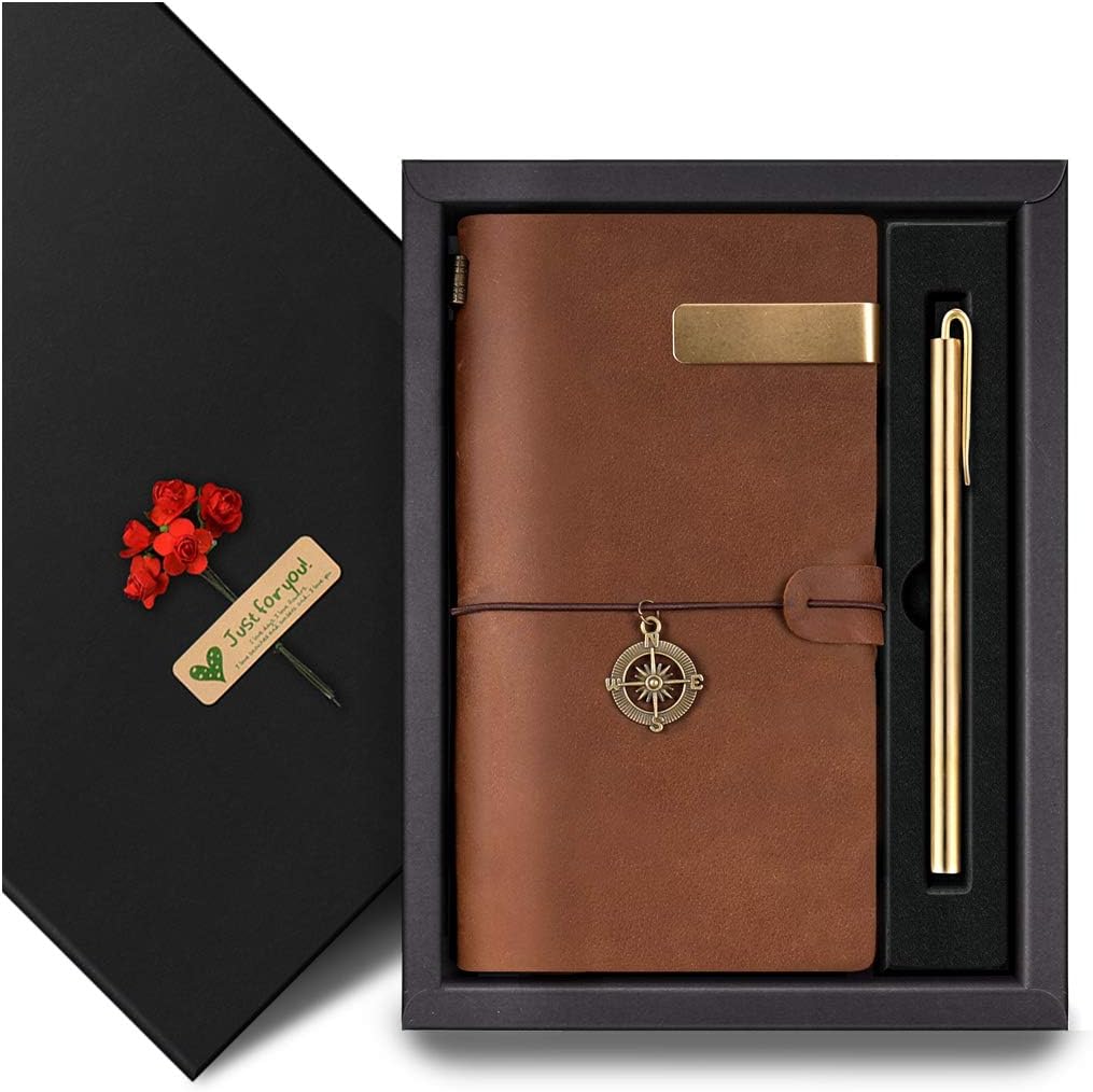 Leather Journal KKDragon Travel Leather Notebook Portable A6 Leather Bound Journal + Brass Pen + Pen Holder + 3 Papers Notes Sketching Drawing in Gift Box Travel Diary Brown 18x10.5 cm