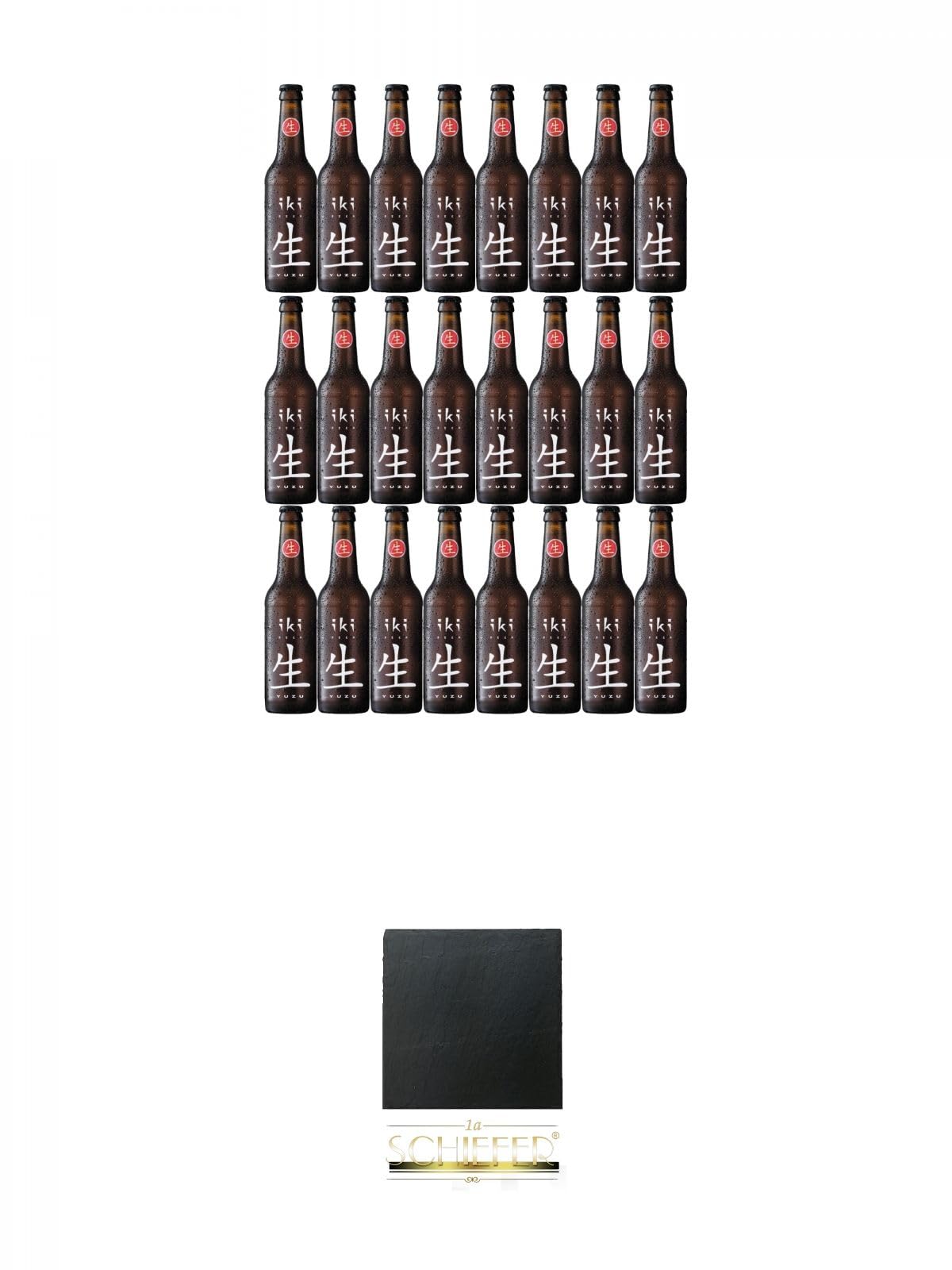 IKI Bio Bier mit grünem Tee & Yuzu 24 x 0,33 Liter in Flasche inklusive Pfand + Schiefer Glasuntersetzer eckig ca. 9,5 cm Durchmesser