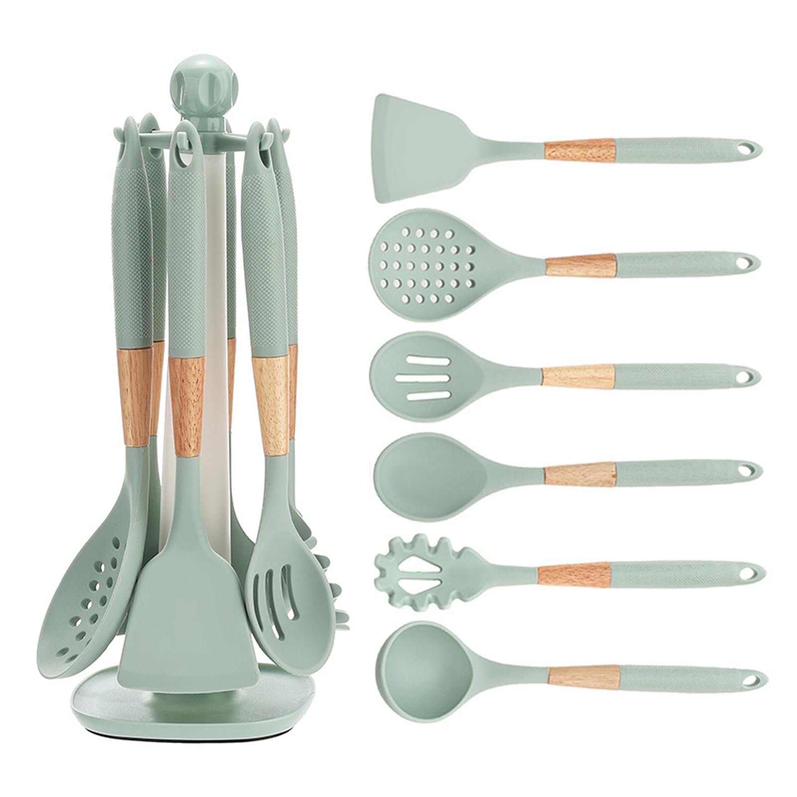 AVEKI Juego de utensilios de cocina de silicona, 7 piezas, con soporte giratorio, resistentes al calor, utensilios de cocina para utensilios de cocina (verde)