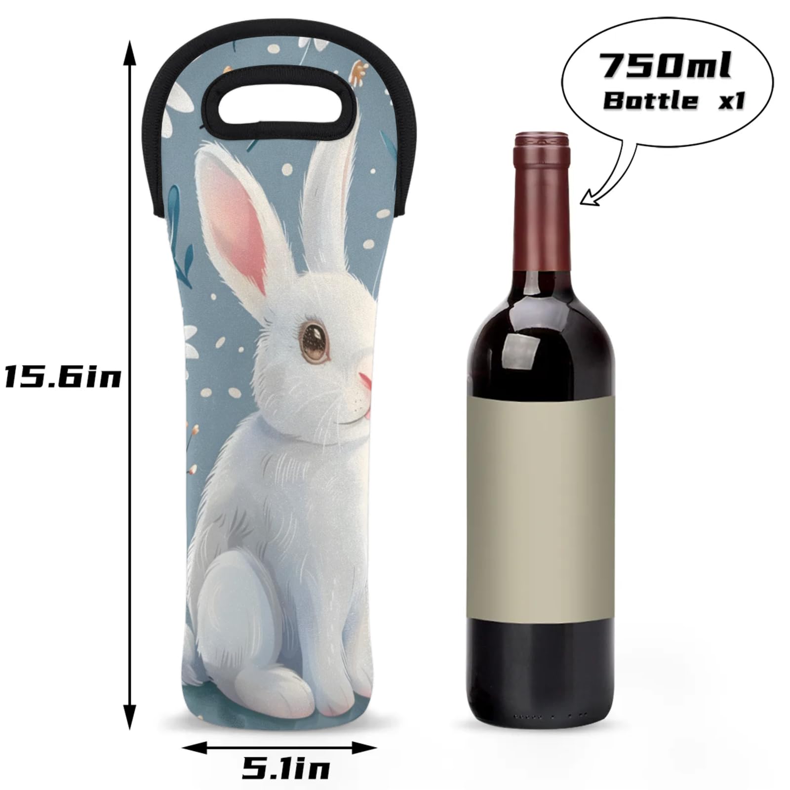 Neoprene Wine Tote Carrier Bag for Wine,Water, Champagne, Beer, Baby Bottles 15.6 x 5.1 Inches, Protective Wine Bag,Rabbit Flowers