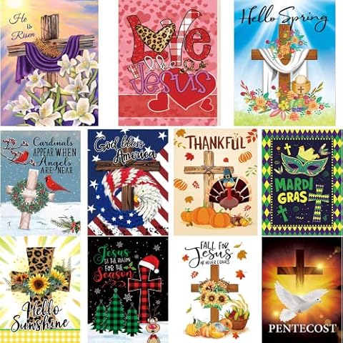 Set of 11 Jesus Seasonal Garden Flags,Double Sided 12 x 18 Inch Yard Flag Colorful Welcome small garden flags for outside, Christmas Spring Seasonal Flag for Outdoor Holiday Decorations Cover