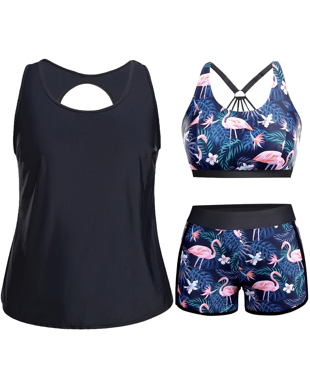 Women Plus Size 3 Piece Tankini Swimsuits Athletic Bathing Suits with Boy Shorts Tank Top with Sports Bra, Flamingo, 20 Plus-image-25