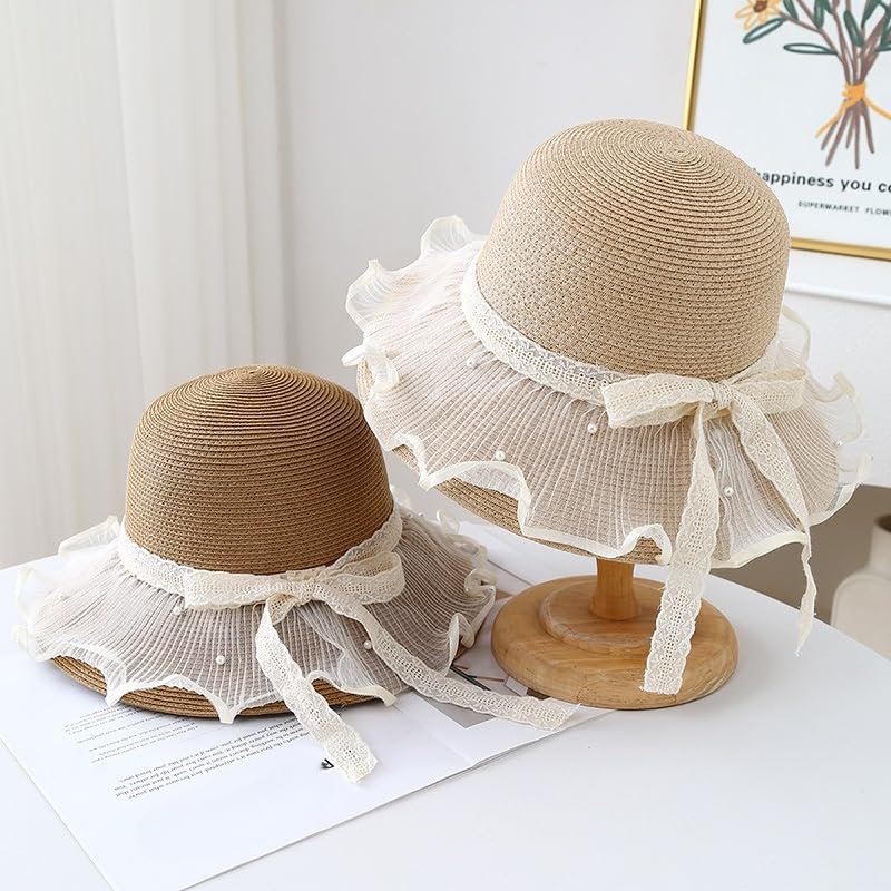 Sombrero de Paja de ala Ancha para Mujer,Plegable y Flexible,con Lazo de Tul Perlado,Transpirable,Resistente A Los Rayos UV,para Playa,para Caminar y Viajar