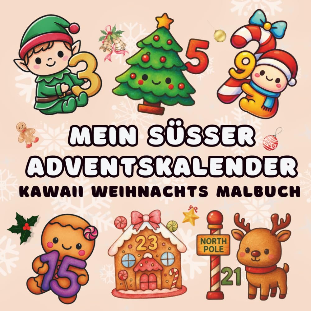 Mein Süßer und Cozy Kawaii Adventskalender: Gemütliches Weihnachts Malbuch für 24 Tage Adventszeit Ausmalspaß für Kinder, Erwachsene, Mädchen