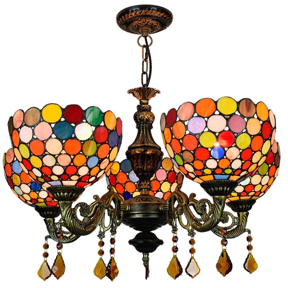FYZDLAOR Bohemia 5-Light Chandelier,Adjustable Pendant Light Light Fixtures,Tiffanystyle Stained Glass Hanging Light Wide 24 Inch with Crystal Pendant