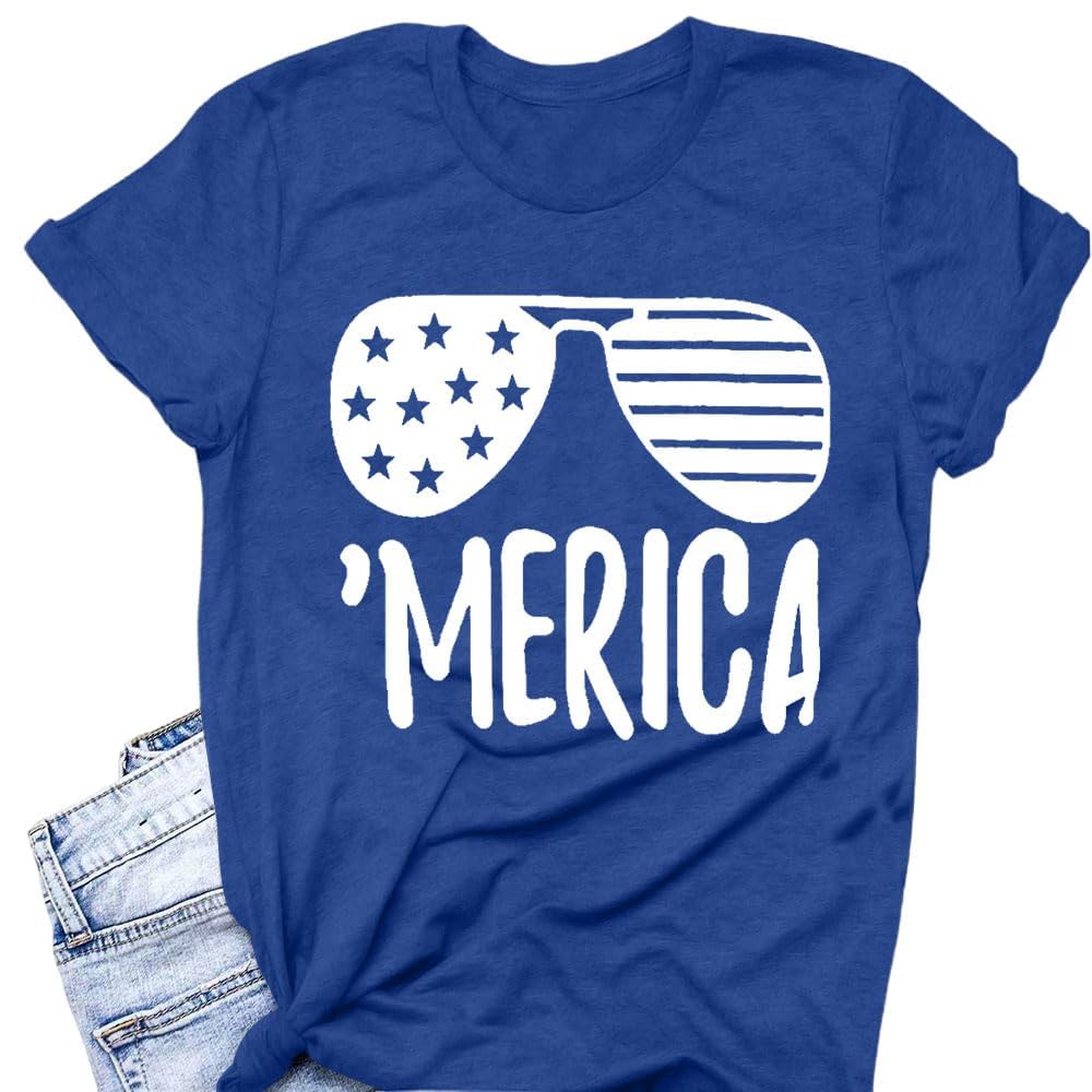 Merica Shirt for Women American Flag Tee Shirts Short Sleeve 4th of July Patriotic Shirts Tops