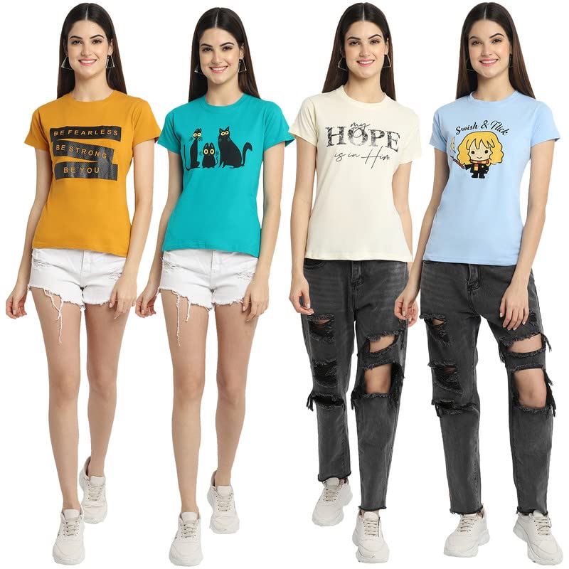 Image of Preneum Women's Cotton Regular Fit Graphic Stylish Printed Short Sleeves Casual T-Shirt |Trend & Styles