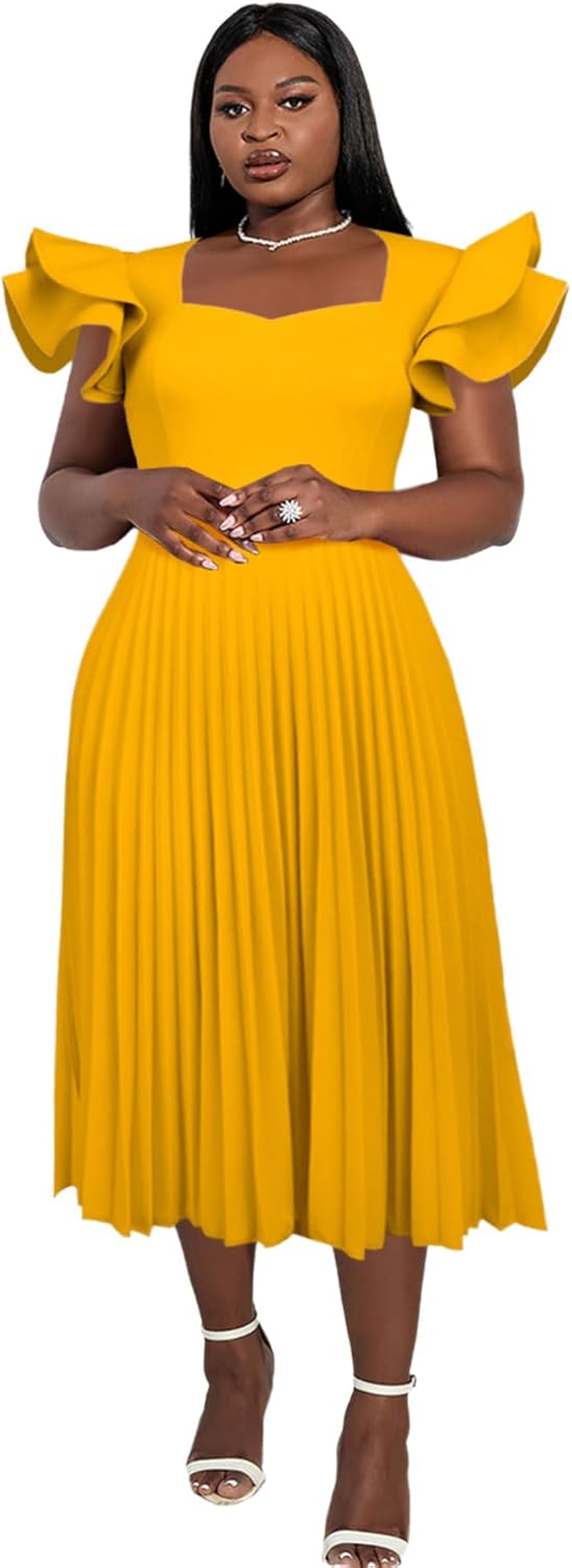 AOMEI Women's Light Purple Square Collar Ruffles Sleeve Pleated Elegant Midi Dress