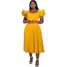 AOMEI Womens Light Purple Square Collar Ruffles Sleeve Pleated Elegant Midi Dress