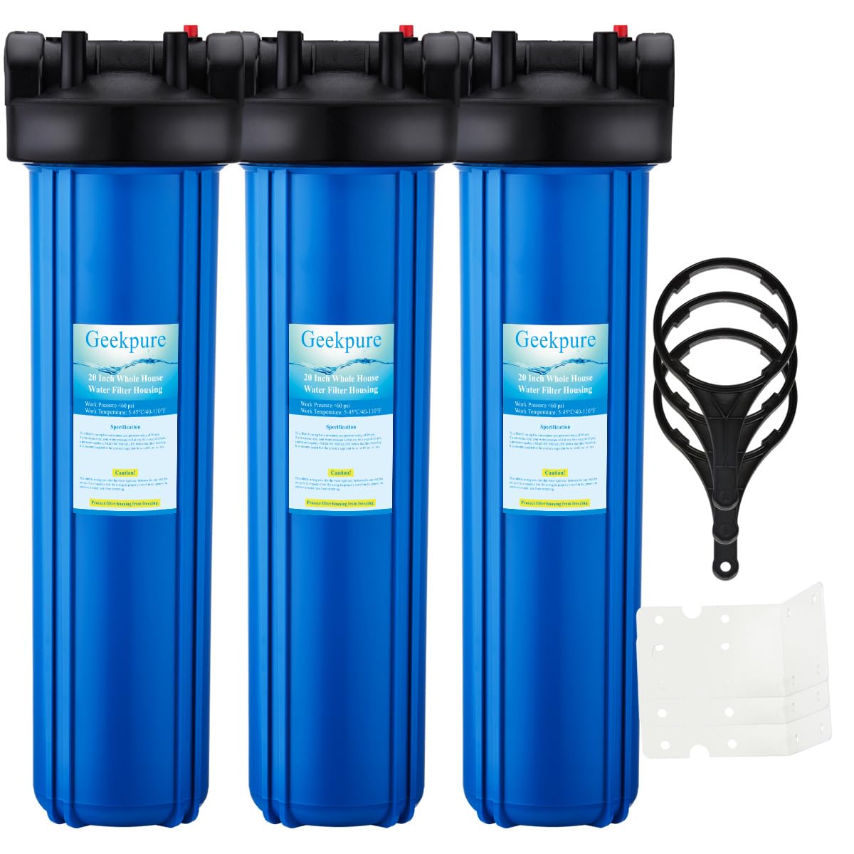 Geekpure 20 Inch Whole House Water Filter Housing 3/4" Plastic Port-Fit 4.5 "x 20" Filters -Pack of 3