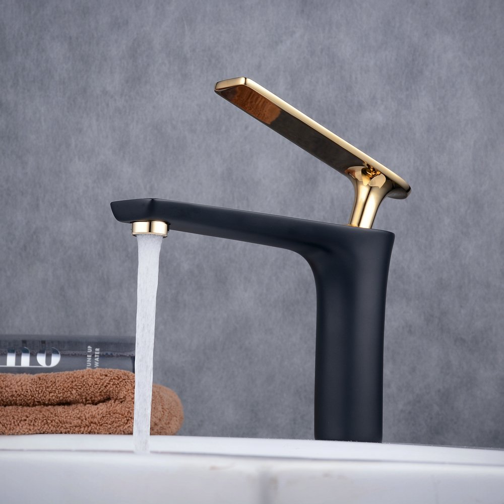 Bathroom Sink Vessel Faucet Centerset Single Handle Brass Basin Mixer Taps with Gold Polished Handle, Black Painting Gudetap GT7507BG
